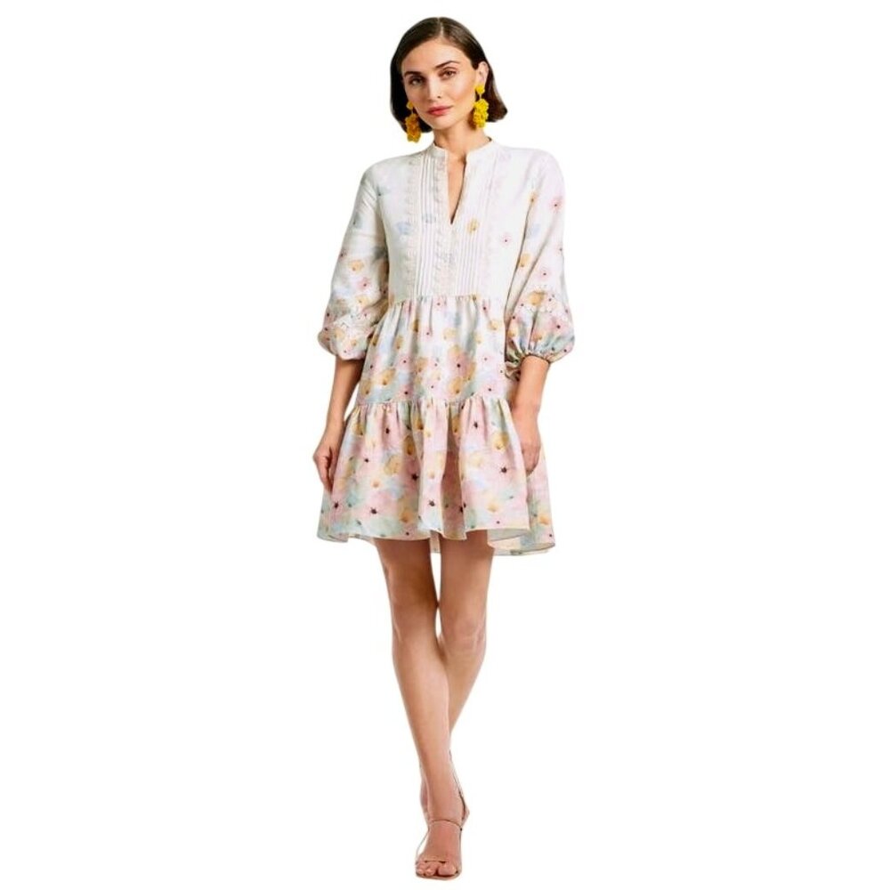 Sachin & Babi Moyer Dress Tuxedo Pleat Bodice Floral Print 3/4 Sleeve Linen L